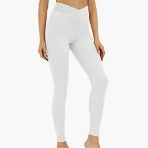 ODODOS Women's Cross Waist Yoga Leggings w/Inner Pocket white size small new